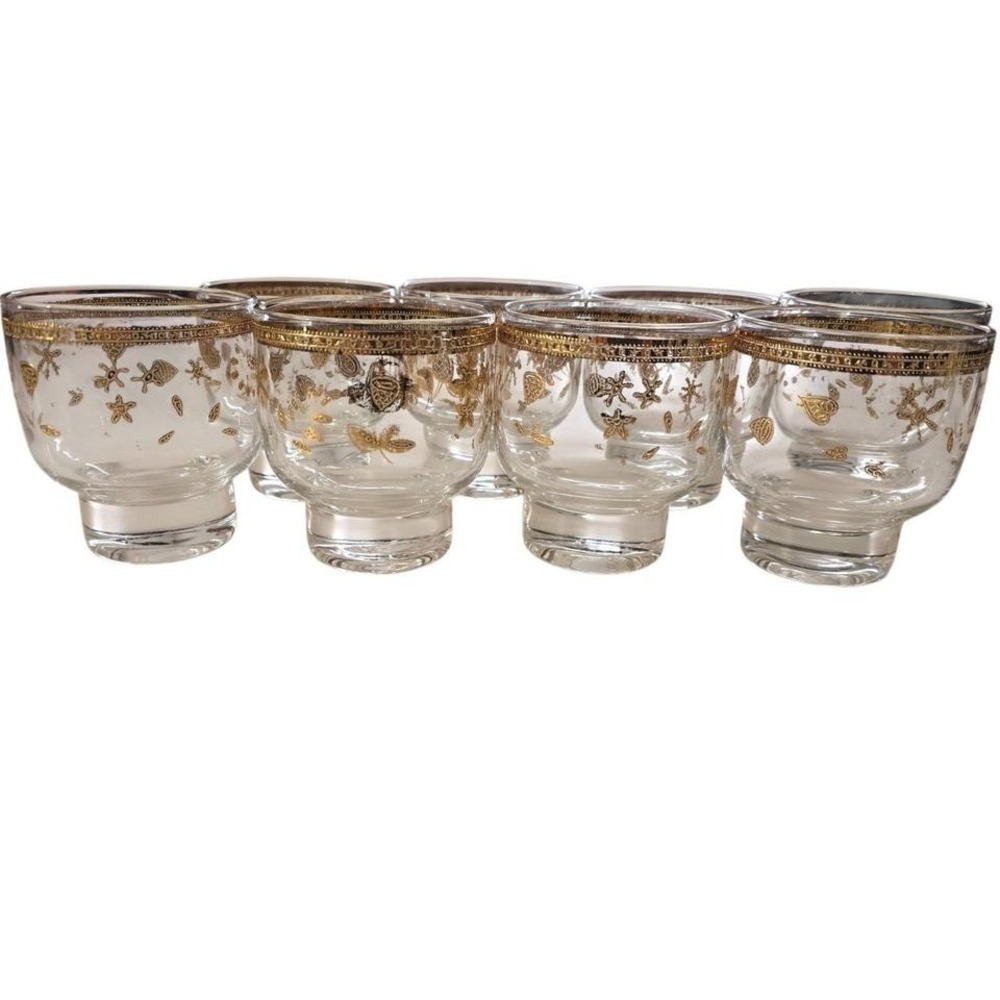 Culver Gold Encrusted  Rocks Glasses Set of 8 Starfish Shells Some Gold loss